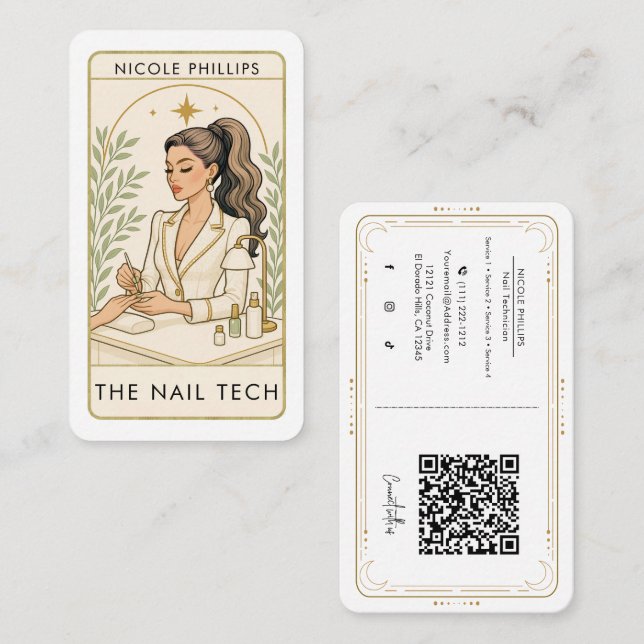 Wavy Brunette Brown Hair Nail Tech Social Media QR Business Card (Front/Back)