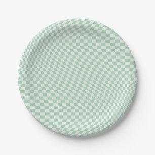 Wavy Checkered Pastel Green Checkerboard Pattern Paper Plate
