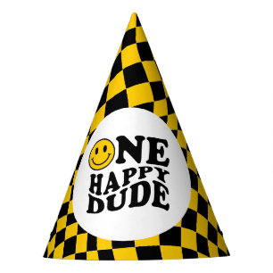 Wavy Checkered Yellow Smile Face One Happy Dude Party Hat
