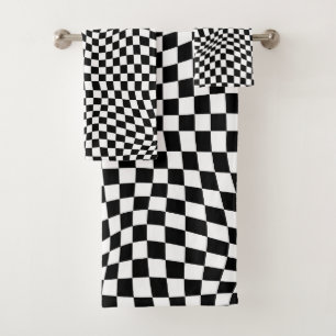 Wavy Chequered Black White Chequerboard Bath Towel Set
