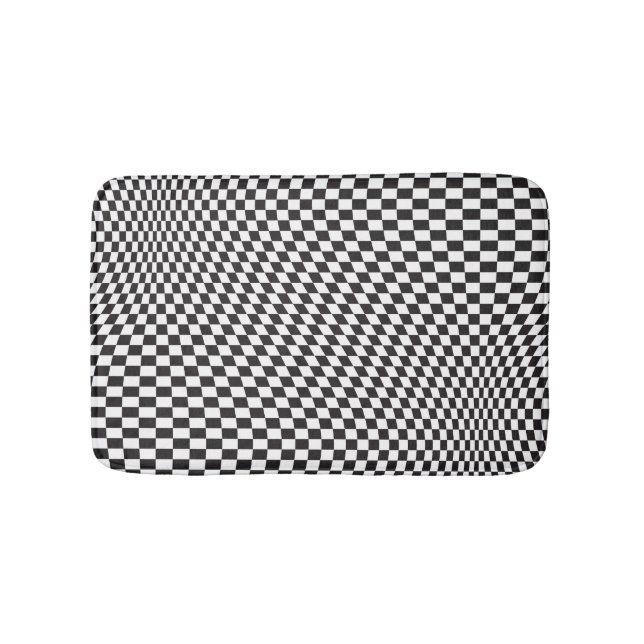 Wavy Chequered Black White Chequerboard Pattern Bath Mat (Front)