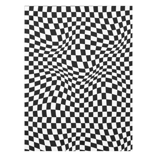 Wavy Chequered Black White Chequerboard Tablecloth (Front)