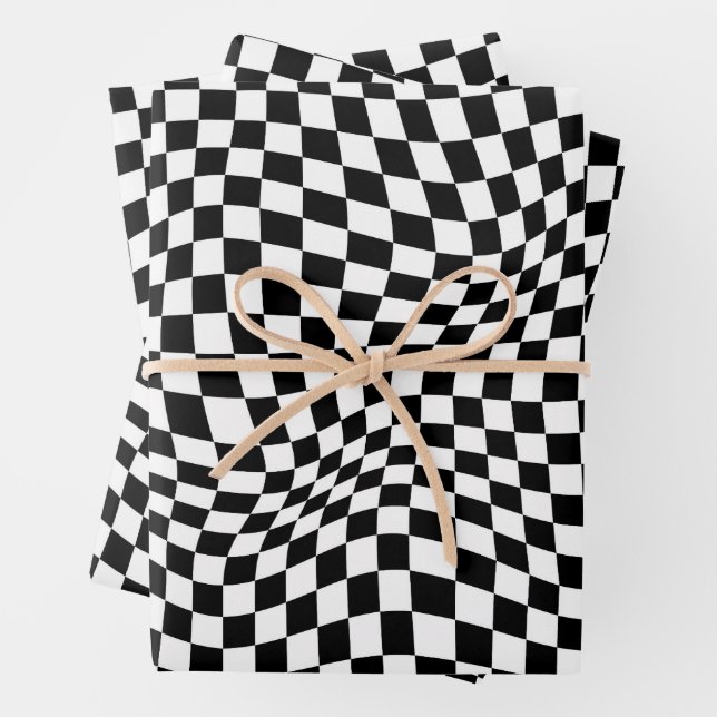 Wavy Chequered Black White Chequerboard Wrapping Paper Sheet (In situ)