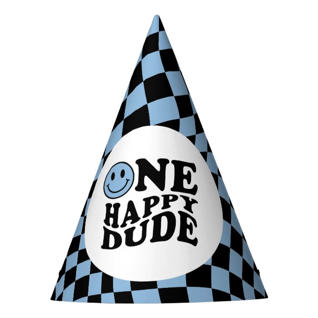 Wavy Chequered Blue Smile Face One Happy Dude Party Hat (Front)