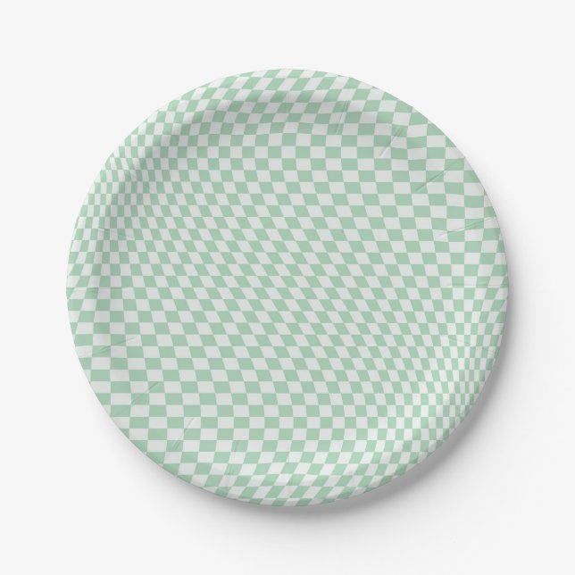 Wavy Chequered Pastel Green Chequerboard Pattern Paper Plate (Front)