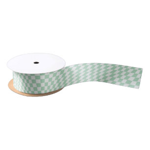 Wavy Chequered Pastel Green Chequerboard Pattern Satin Ribbon
