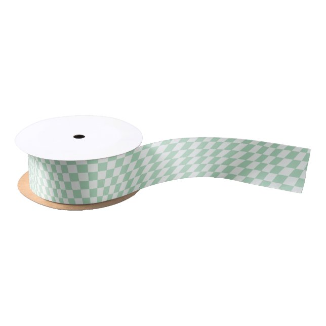 Wavy Chequered Pastel Green Chequerboard Pattern Satin Ribbon (Spool)