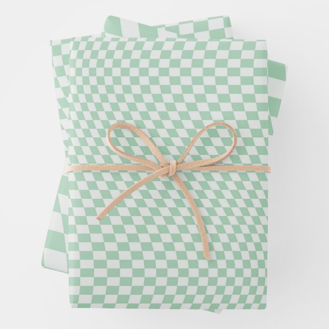 Wavy Chequered Pastel Green Chequerboard Pattern Wrapping Paper Sheet (In situ)