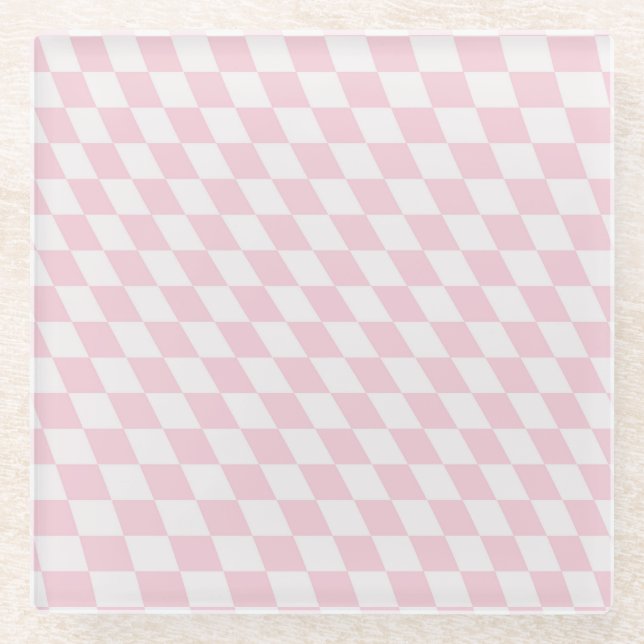 Wavy Chequered Pastel Pink Chequerboard Pattern Glass Coaster (Front)