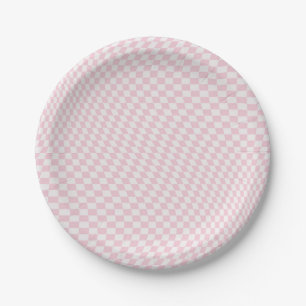 Wavy Chequered Pastel Pink Chequerboard Pattern Paper Plate