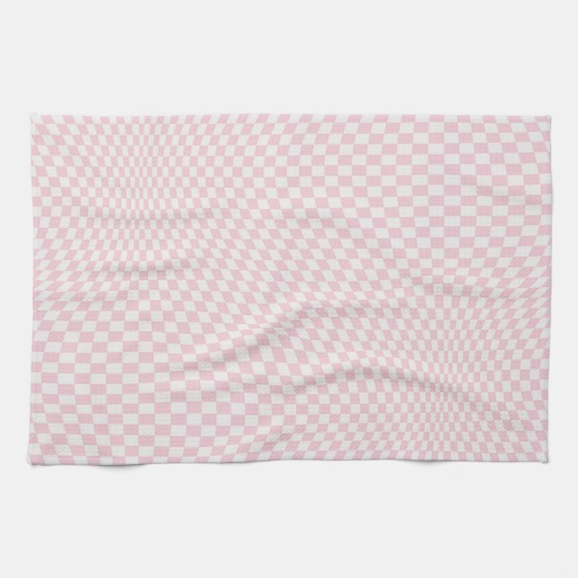 Wavy Chequered Pastel Pink Chequerboard Pattern Tea Towel (Horizontal)