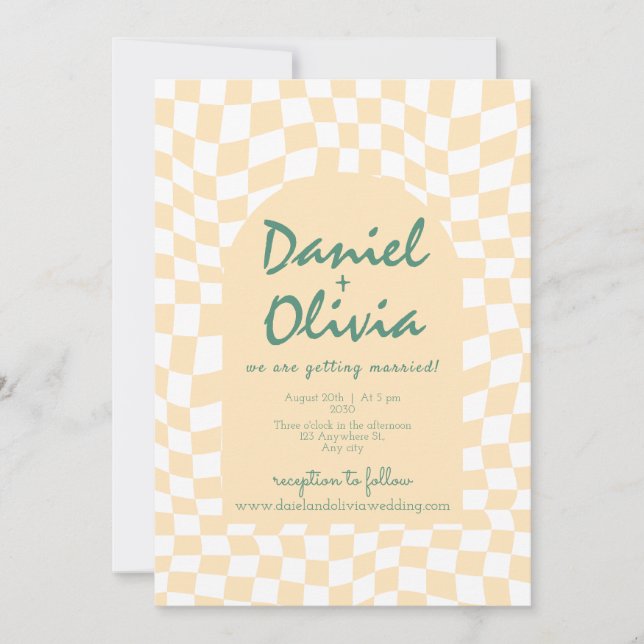 Wavy Chequered Pattern with QR Wedding Invitation (Front)