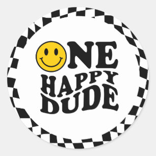 Wavy Chequered Preppy Smile One Happy Dude Classic Round Sticker