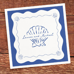 Wavy Coastal Modern Minimalist Navy Blue Wedding Napkin