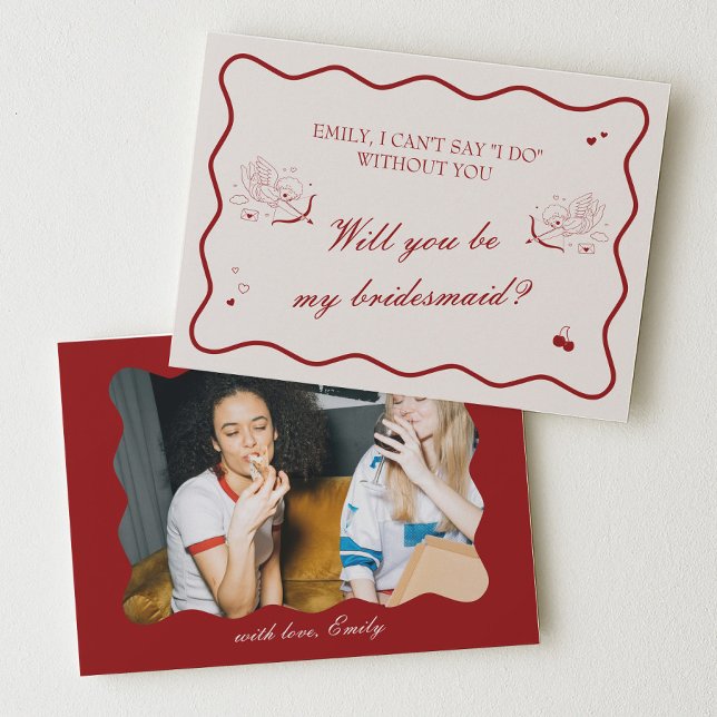 Wavy Deep Red Old Money Bridesmaid Proposal Card (Creator Uploaded)