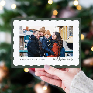 Wavy edge frame cute green Christmas photo Holiday Card