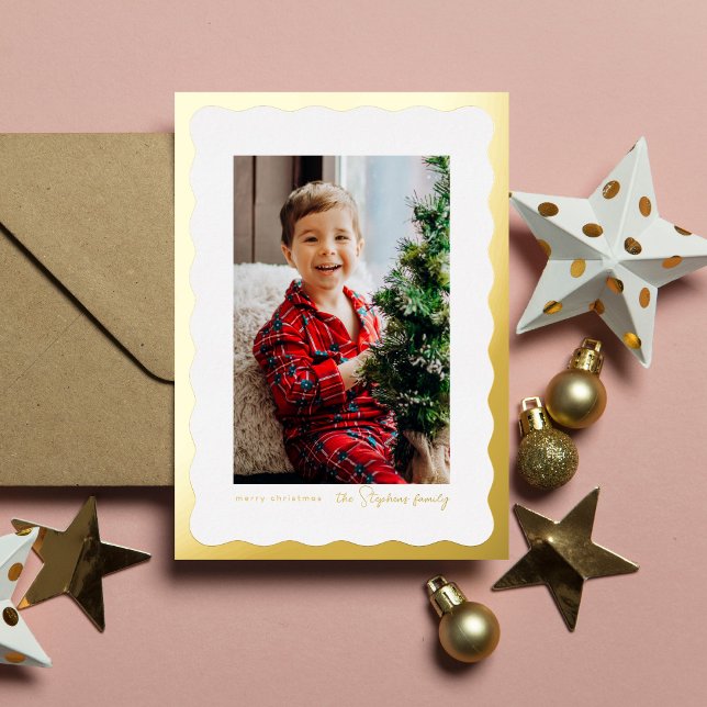 Wavy edge frame simple gold Christmas photo Foil Holiday Card (Creator Uploaded)
