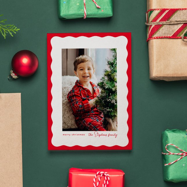 Wavy edge frame simple red Christmas photo Holiday Card (Creator Uploaded)