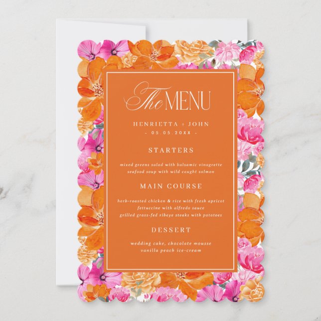 Wavy Edge Pink & Orange Floral Wedding Menu Card (Front)