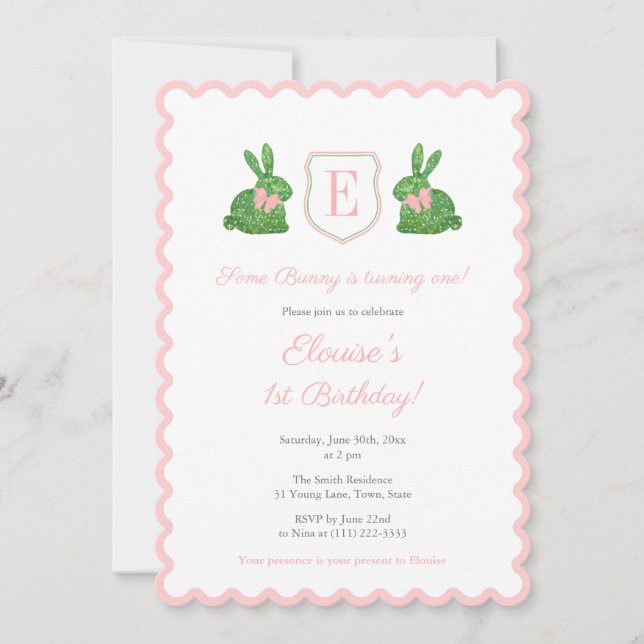 Wavy Edge Some Bunny Is One 1st Birthday Party Invitation (Front)