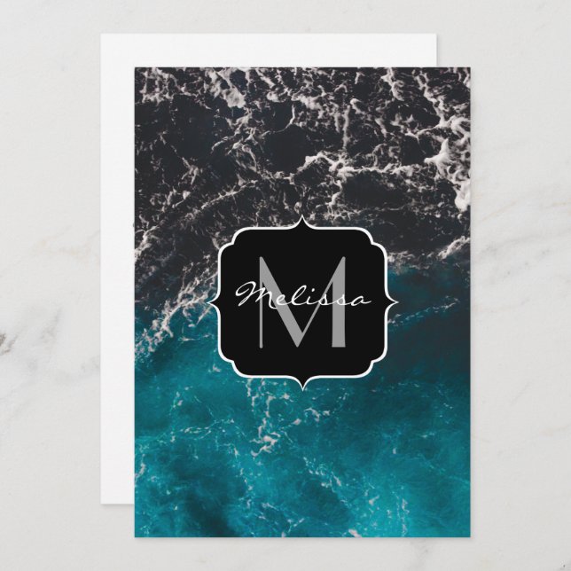 Wavy foamy blue black ombre sea water Monogram Invitation (Front/Back)