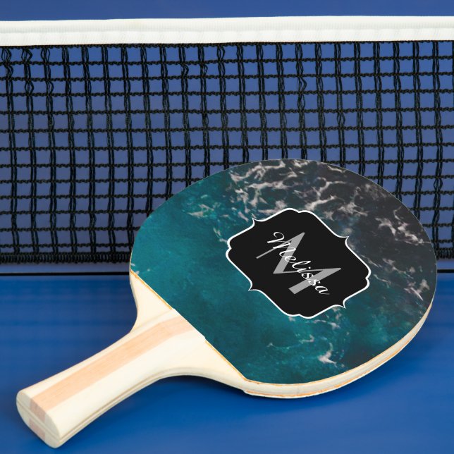 Wavy foamy blue black ombre sea water Monogram Ping Pong Paddle (Insitu)