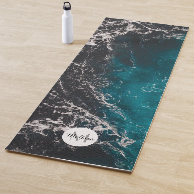 Wavy foamy blue black ombre sea water Monogram Yoga Mat (In Situ)