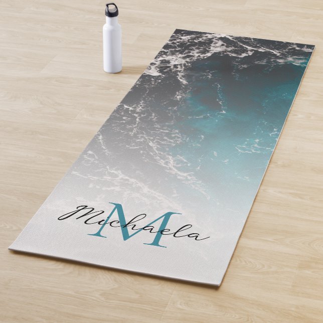 Wavy foamy blue black ombre sea water Monogram Yoga Mat (In Situ)