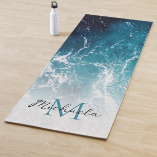 Wavy foamy blue white sea water abstract Monogram Yoga Mat