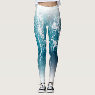 Wavy foamy blue white sea water ombre leggings