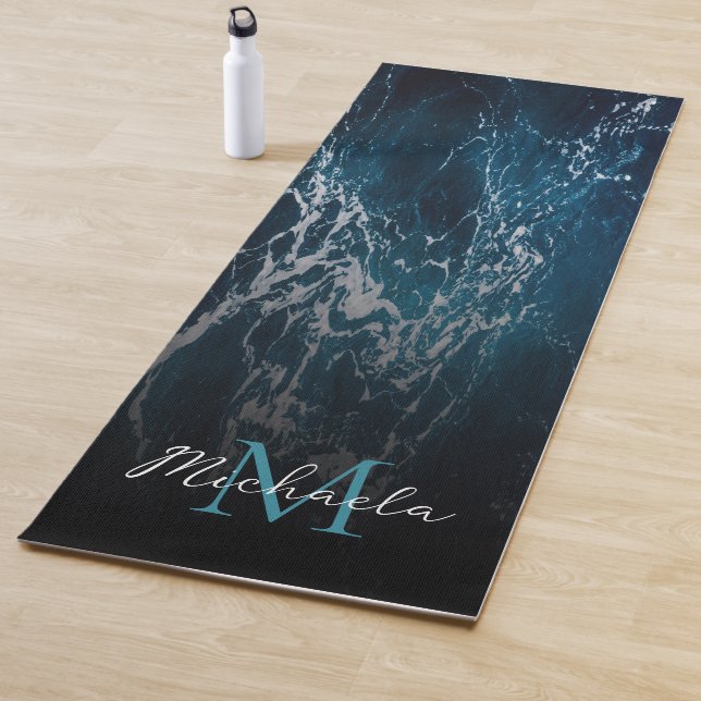 Wavy foamy dark blue sea water abstract Monogram Yoga Mat (In Situ)