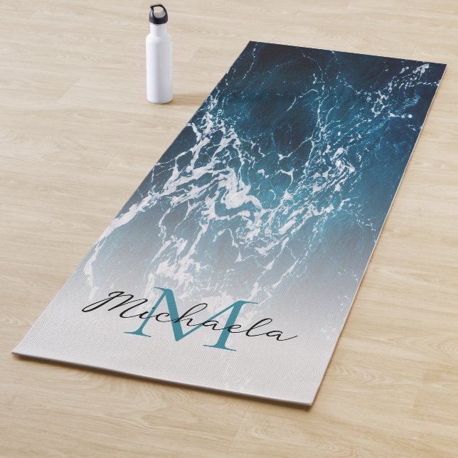 Wavy foamy dark blue sea water abstract Monogram Yoga Mat (In Situ)