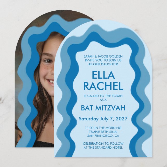Wavy Frame Arch Modern Custom Photo BarBat Mitzvah Invitation (Front/Back)