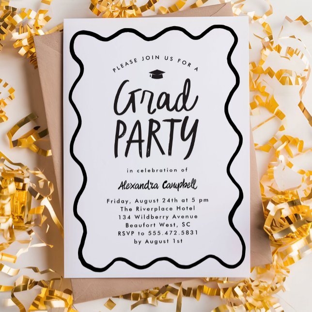 Wavy Frame Black White Hand Drawn Graduation Party Invitation (black and white graduation party invitation with hand drawn squiggle border)