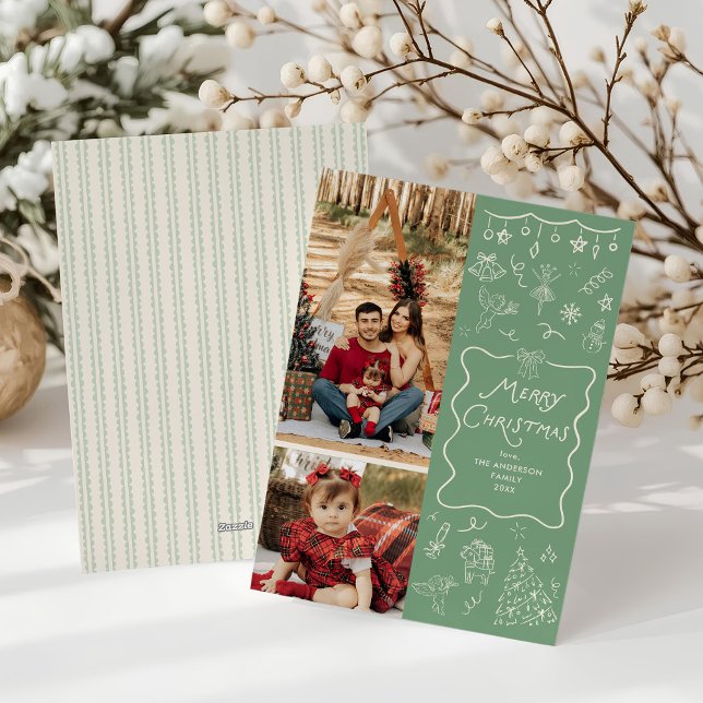 Wavy Frame Bow Hand Drawn Merry Christmas 2 Photo Holiday Card (Creator Uploaded)