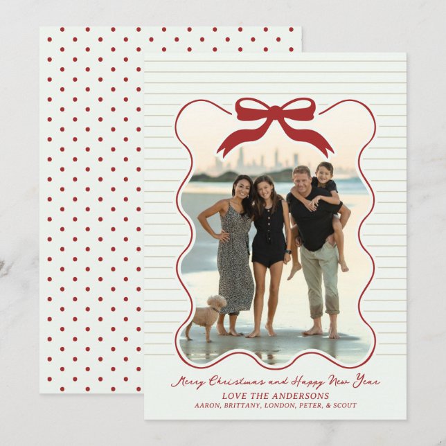 Wavy Frame Bow Pinstripe Holiday Card Christmas  (Front/Back)