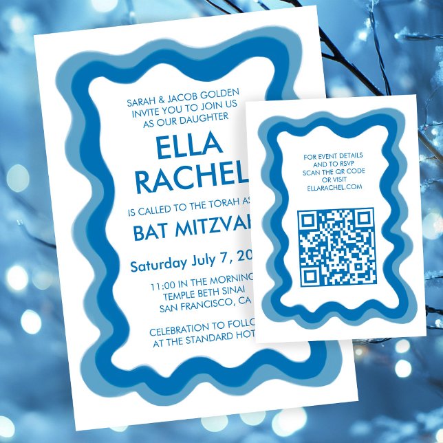 Wavy Frame Chic Modern Custom QR Bar Bat Mitzvah Enclosure Card (Wavy Frame Modern Chic Custom Bar Bat Mitzvah Enclosure QR code Card
)