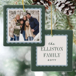 Wavy frame green and blue one photo Christmas Ceramic Ornament