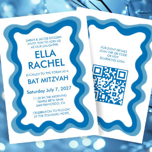 Wavy Frame Modern Custom QR CODE Bar Bat Mitzvah Invitation
