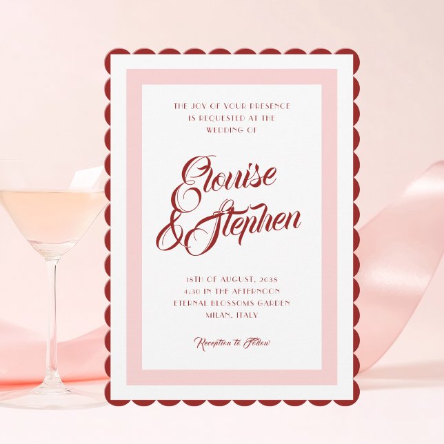 Wavy Frame Pink & Red Retro Playful Quirky Wedding Invitation (Creator Uploaded)