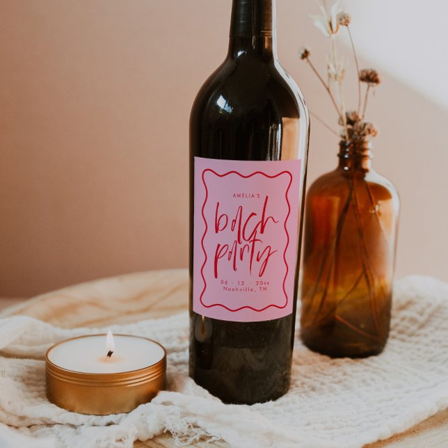 Wavy Frame Red And Pink Bachelorette Wine Favour Wine Label (Creator Uploaded)