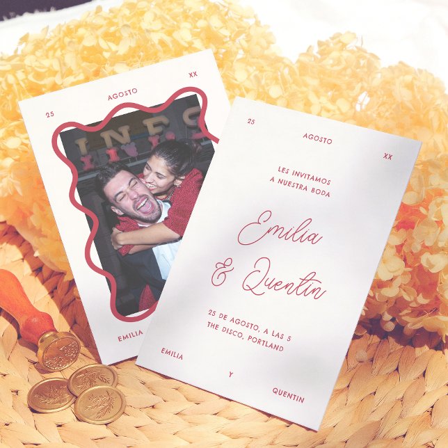 Wavy Frame Retro Photo Spanish Wedding Invitation (Creator Uploaded)