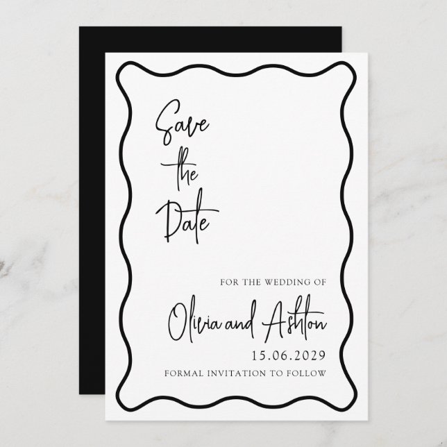 wavy frame, wavy border, modern, black and white  save the date (Front/Back)