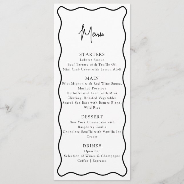 Wavy frame, Wavy border, modern wedding menu (Front)