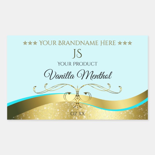 Wavy Glamour Gold Decor Light Teal Monogram Label (Front)