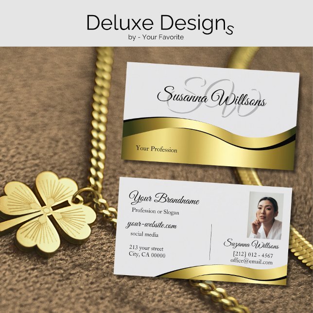 Wavy Gold Decor on Light Grey with Initials Photo Business Card (Creator Uploaded)