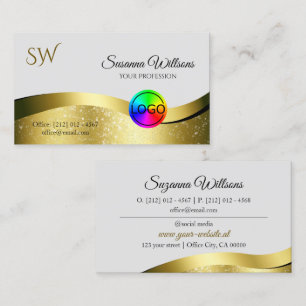 Wavy Gold Decor on Light Grey with Logo Monogram Business Card