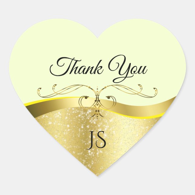 Wavy Gold Deluxe Decor on Light Yellow Thank You Heart Sticker (Front)