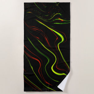 Wavy green and red long strokes, black background beach towel
