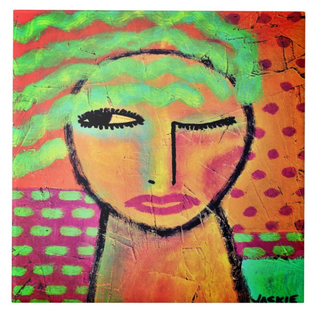 Wavy Green Hair Abstract Portrait of a Woman Ceramic Tile (Front)